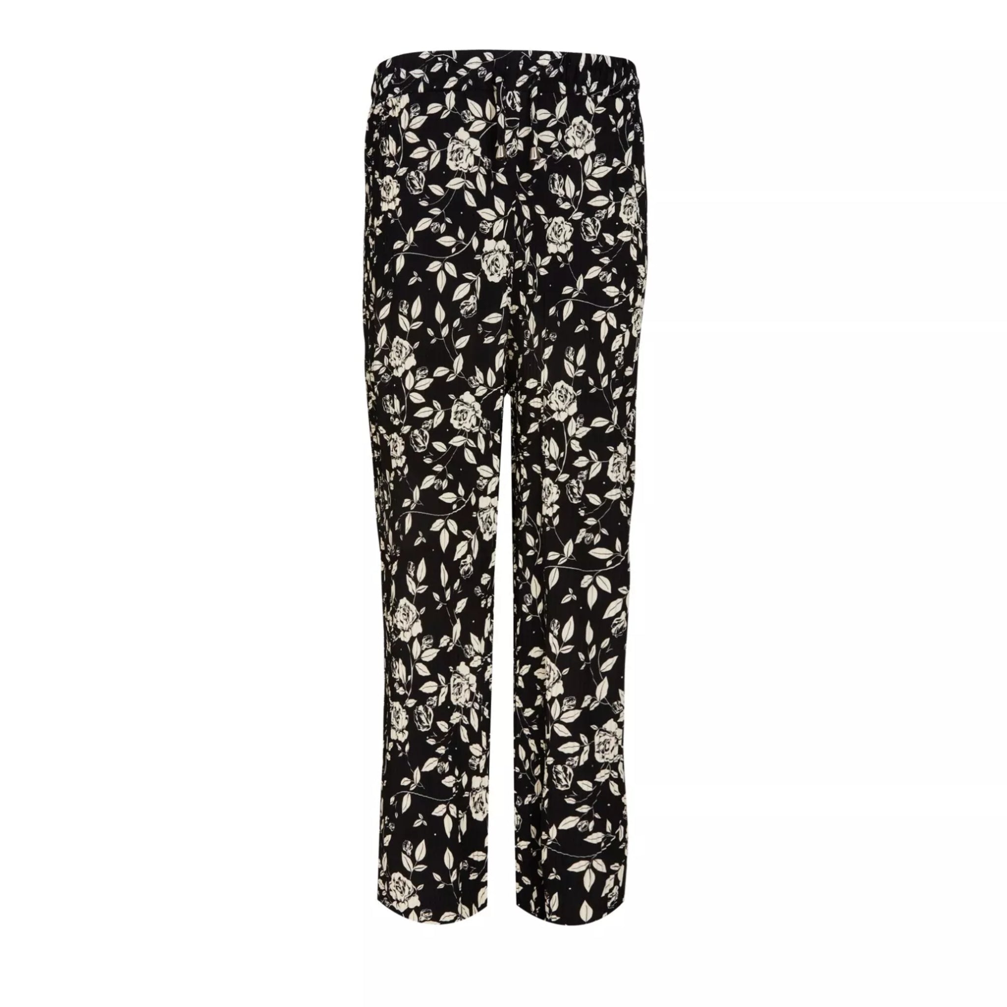 Ladies Soft Touch Black Palazzo Trousers with White Floral Design – Comfortable Wide Leg Summer Pants